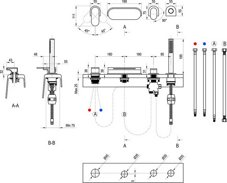 Смеситель для ванны врезной каскадный RAVAK Chrome CR 025.20BL черный X070445