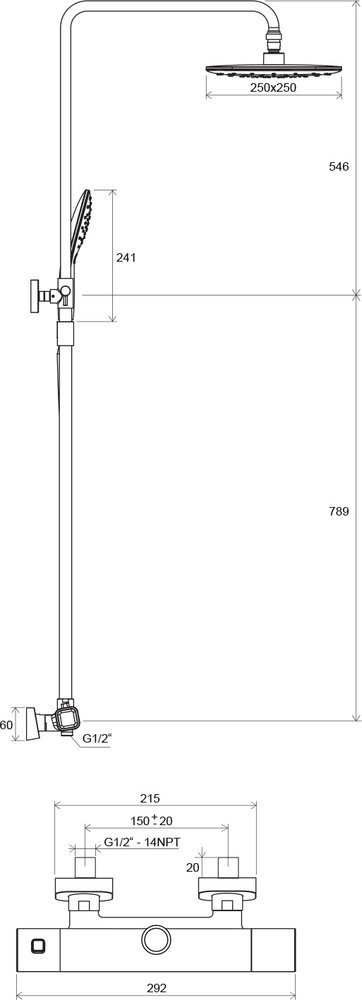 Душевая стойка с термостатическим смесителем и ручным душем RAVAK TD 091.00/150 X070103