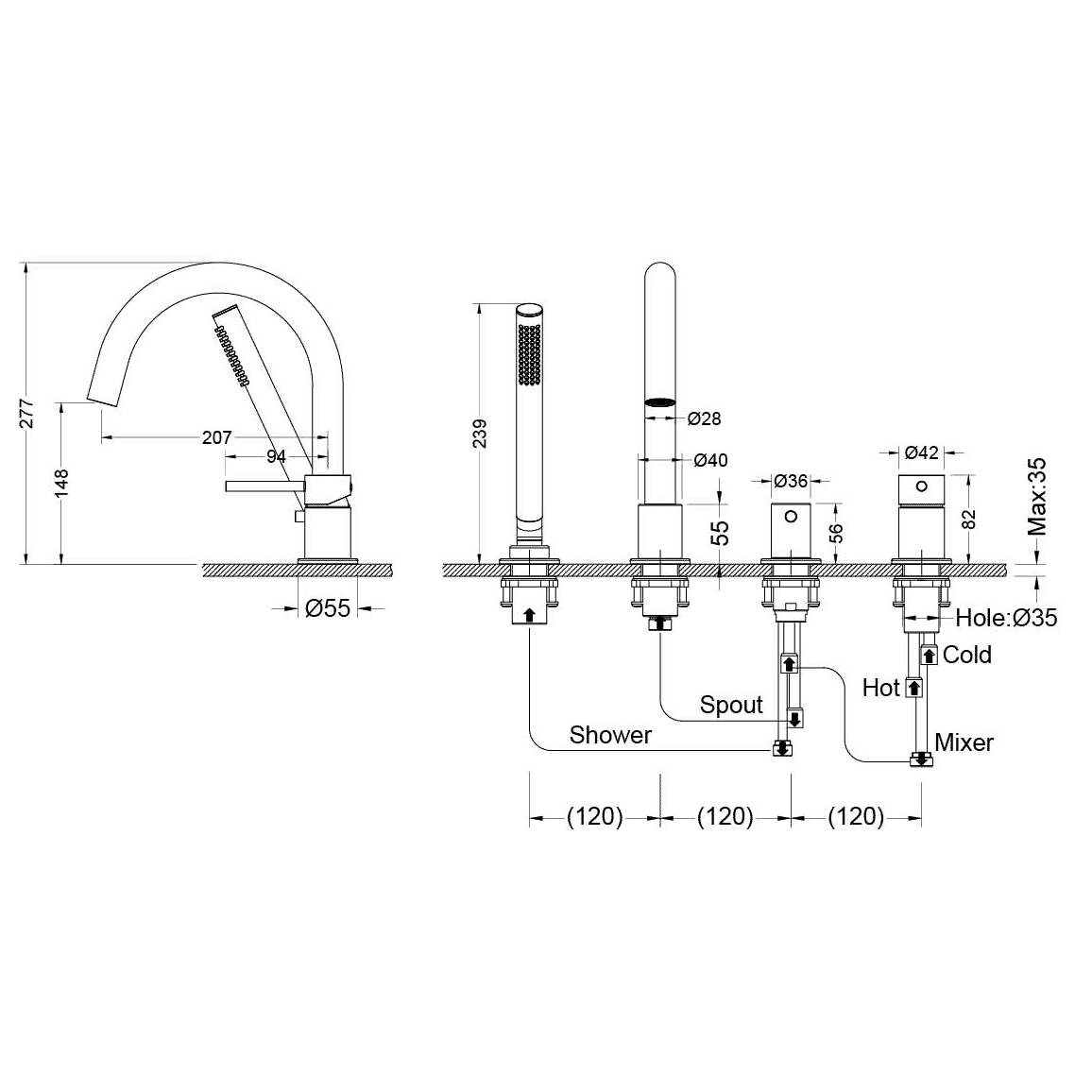 Смеситель на борт ванны Aquanet Европа на 4 отверстия оружейная сталь AQ1348BGM