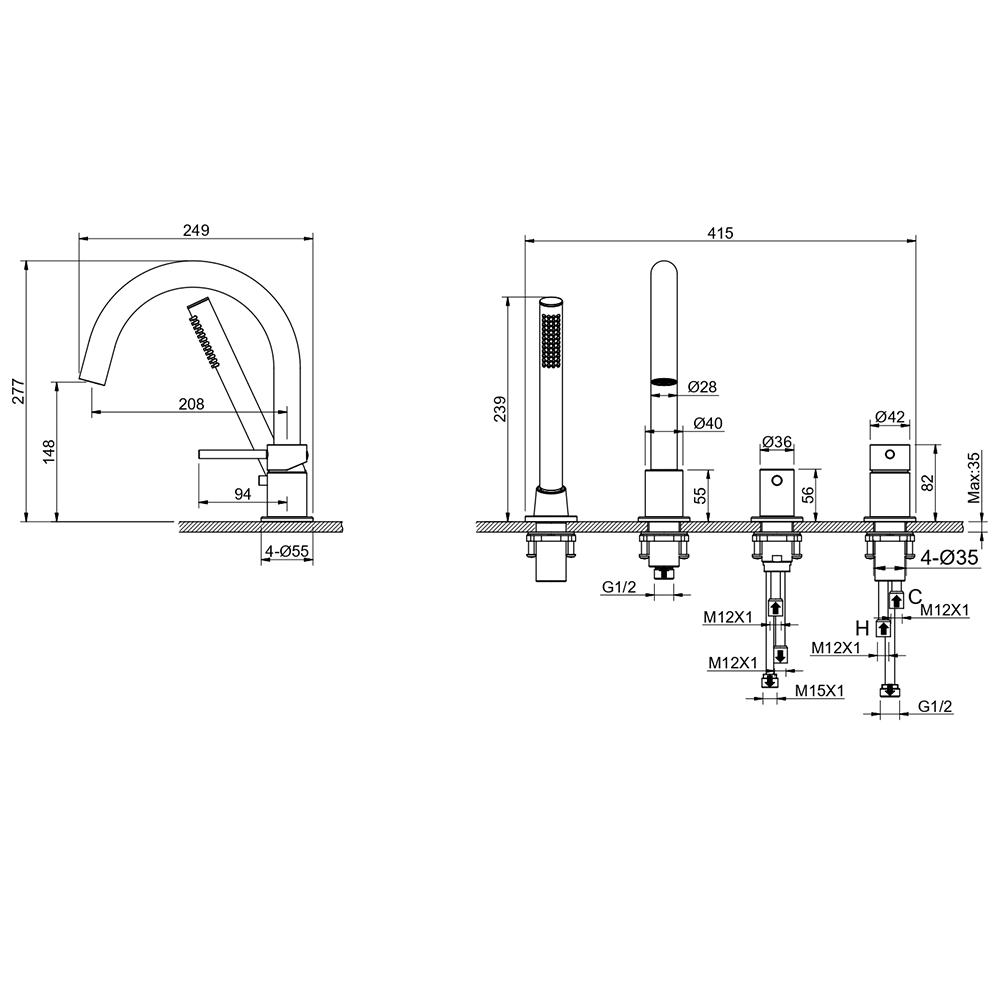 Смеситель на борт ванны Aquanet Европа на 4 отверстия оружейная сталь AQ1348BGM