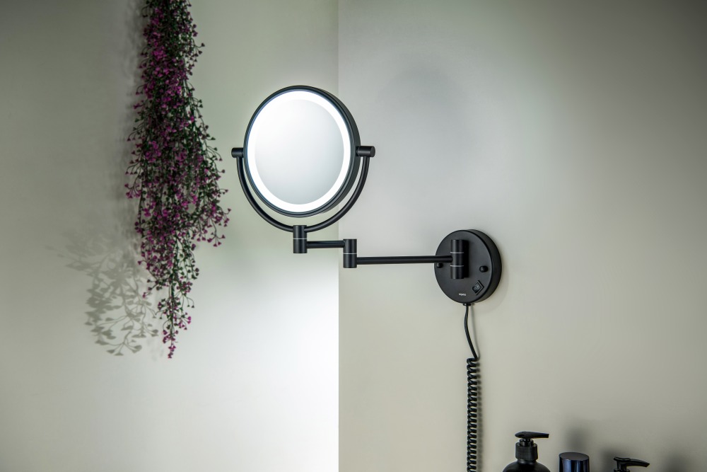 Зеркало косметическое настенное с подсветкой Aquanet 5x увеличение матовый черный AQ4915MB