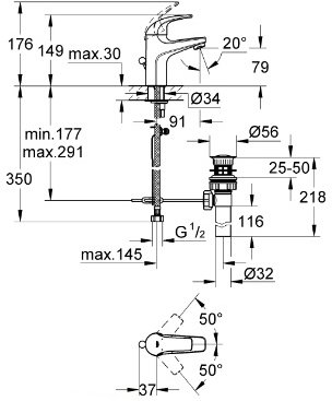 Смеситель для раковины Grohe BauCurve с донным клапаном хром 32805000