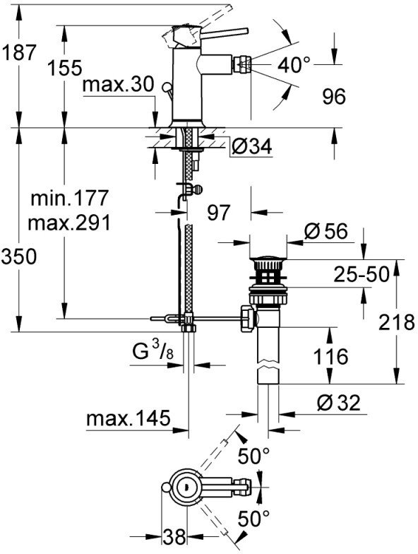 Смеситель для биде GROHE BauClassic с донным клапаном хром 32864000