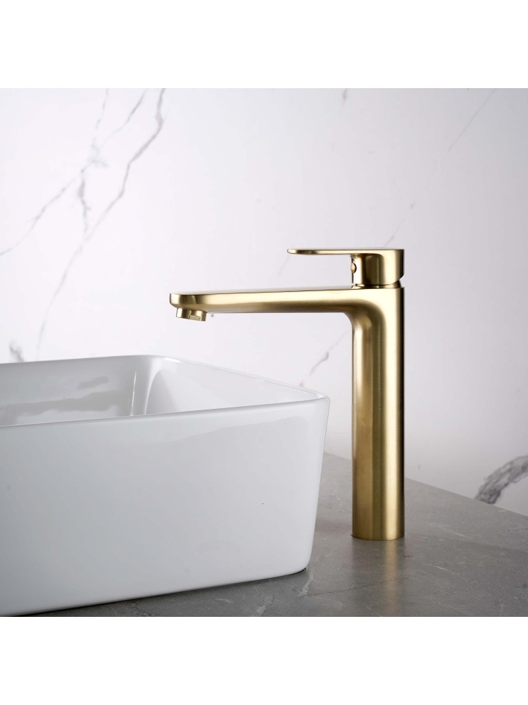 Смеситель для раковины Aquanet Ника высокий 190 мм без донного клапана шлифованное золото AQ1804BG