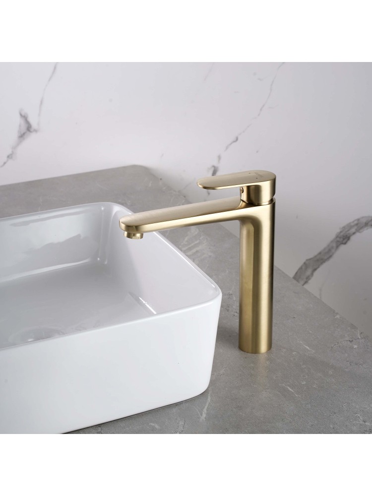 Смеситель для раковины Aquanet Ника высокий 190 мм без донного клапана шлифованное золото AQ1804BG