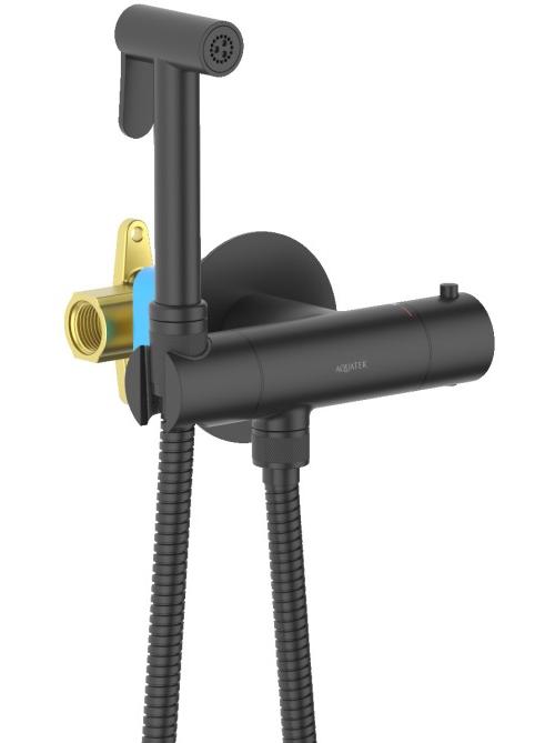 Комплект для гигиенического душа термостатический встроенный Aquanet Oberon смеситель, лейка, шланг, матовый черный AQ1027MB