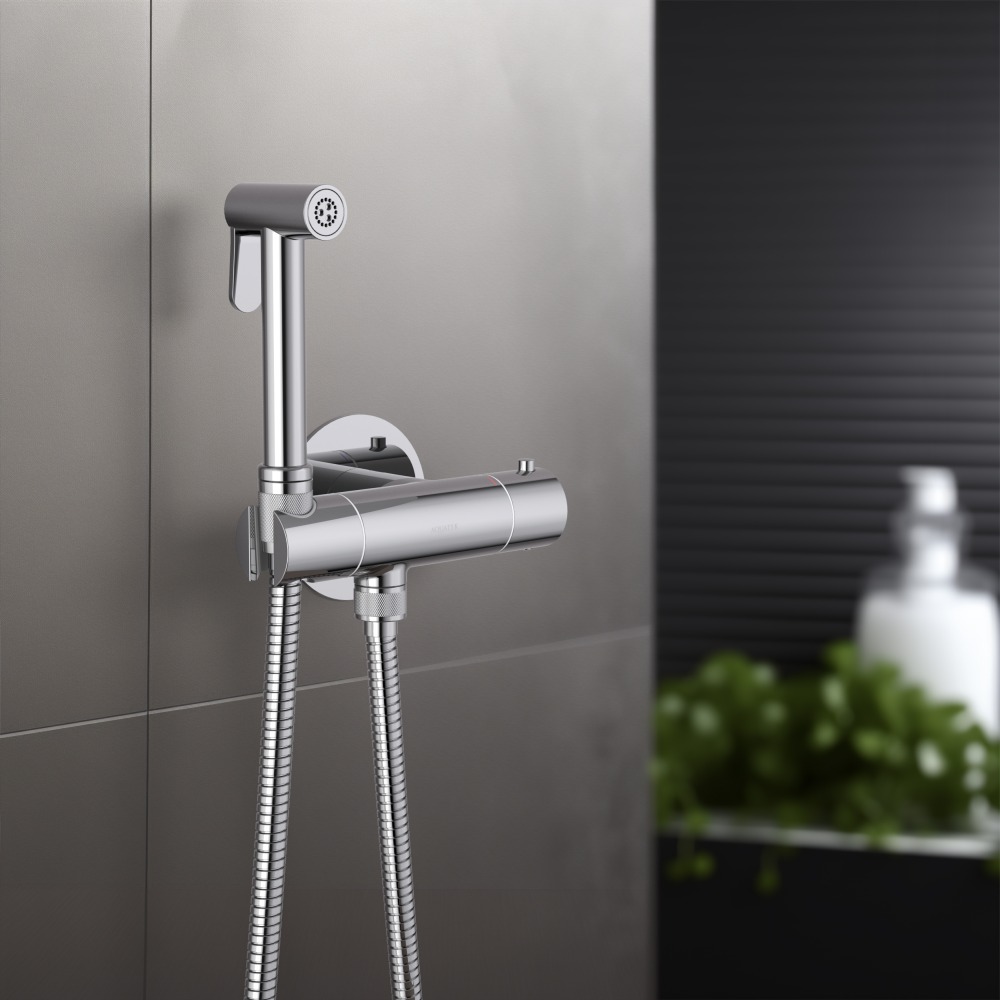 Комплект для гигиенического душа термостатический встроенный Aquanet Oberon смеситель, лейка, шланг, матовый черный AQ1027MB