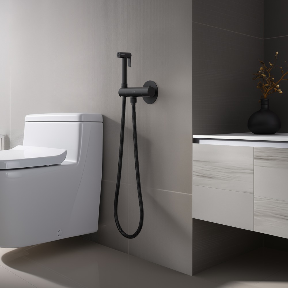 Комплект для гигиенического душа термостатический встроенный Aquanet Oberon смеситель, лейка, шланг, матовый черный AQ1027MB