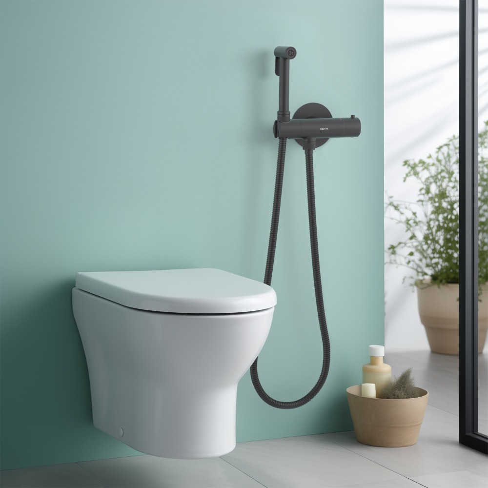 Комплект для гигиенического душа термостатический встроенный Aquanet Oberon смеситель, лейка, шланг, матовый черный AQ1027MB