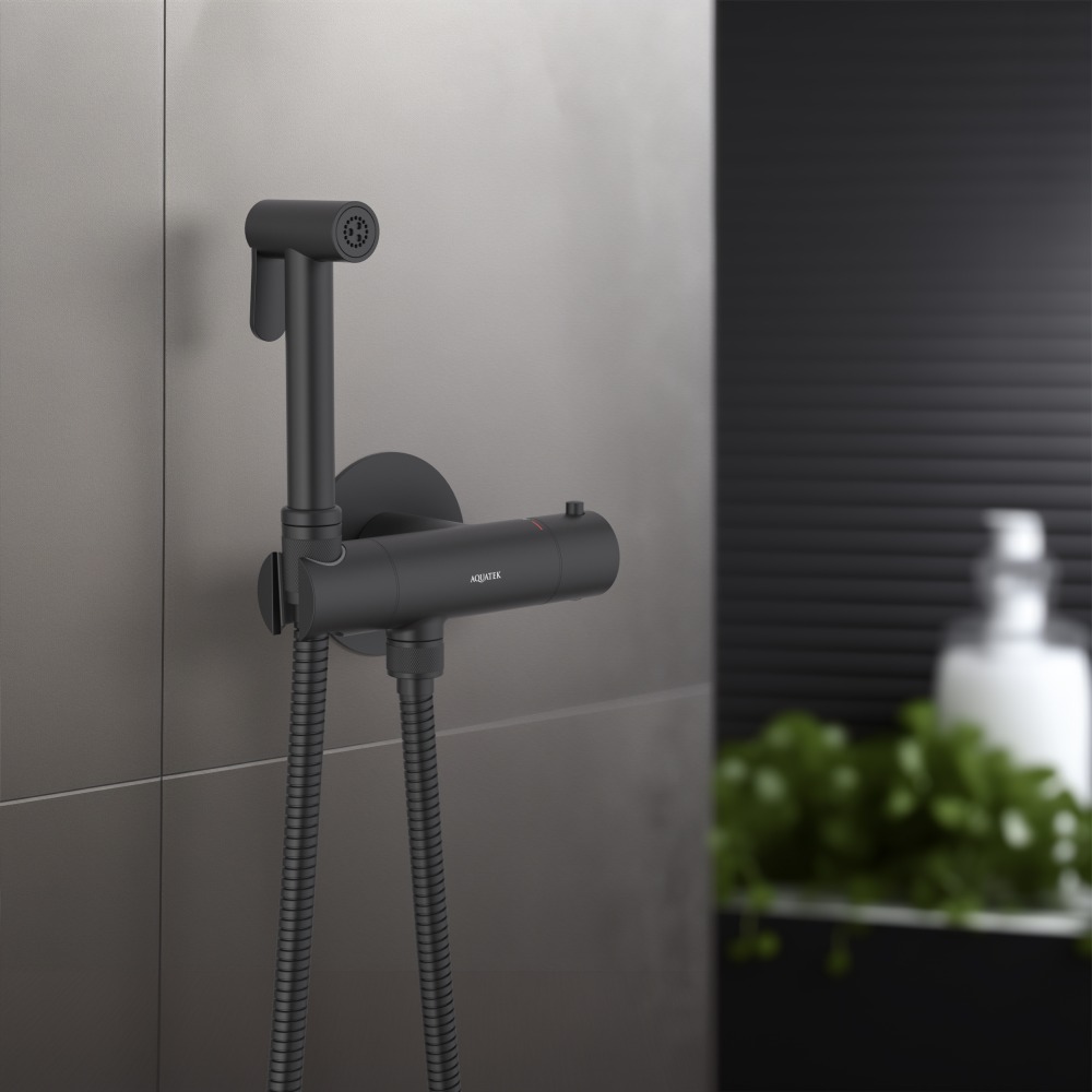Комплект для гигиенического душа термостатический встроенный Aquanet Oberon смеситель, лейка, шланг, матовый черный AQ1027MB