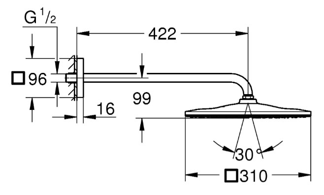 Верхний душ с кронштейном 422 мм GROHE Rainshower Mono 310 Cube хром 26563000