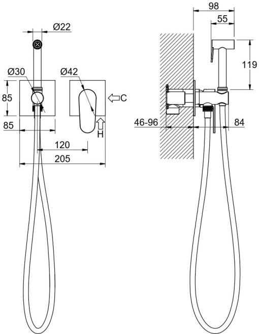 Комплект для гигиенического душа встроенный Aquanet Oberon матовый черный AQ1220MB