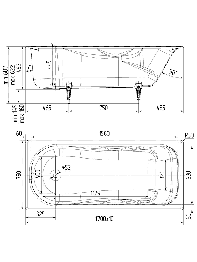 Ванна чугунная Wotte Comfort 1700х750х462 мм Comfort 1700x750