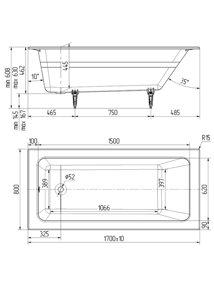 Ванна чугунная Wotte Line 1700х800х462 мм Line 1700x800