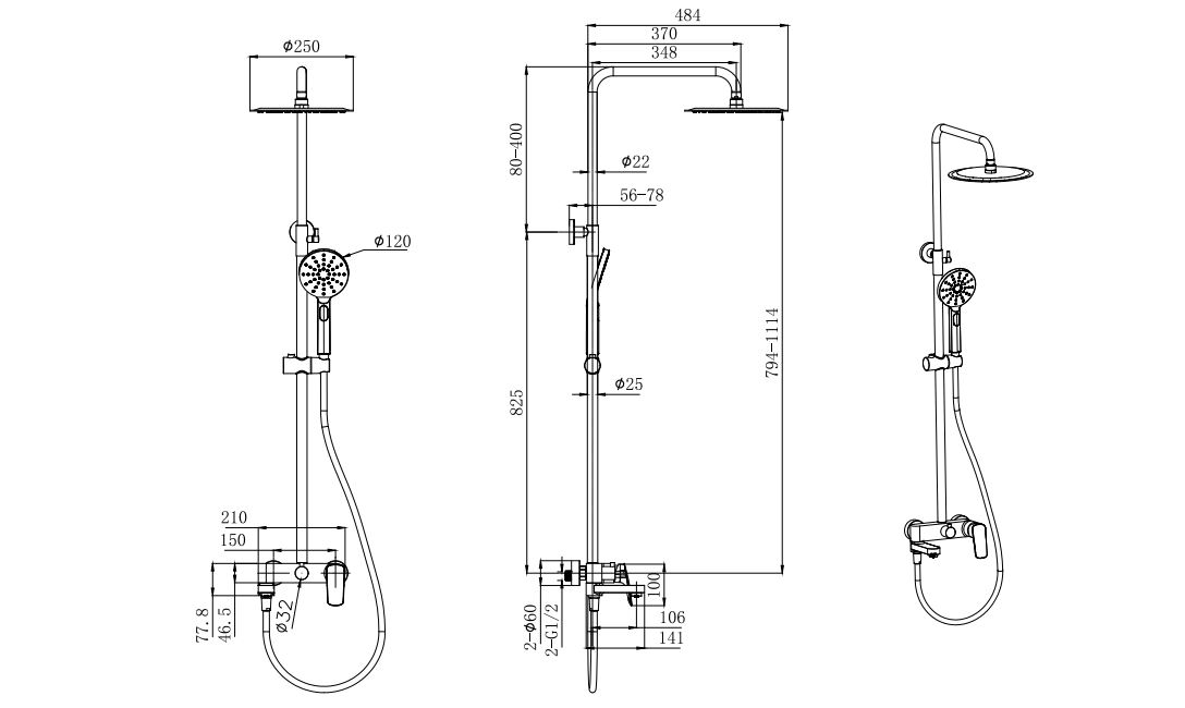 Душевая система со смесителем для ванны Aquanet Вега 3jet 250 мм хром AQ2040CR