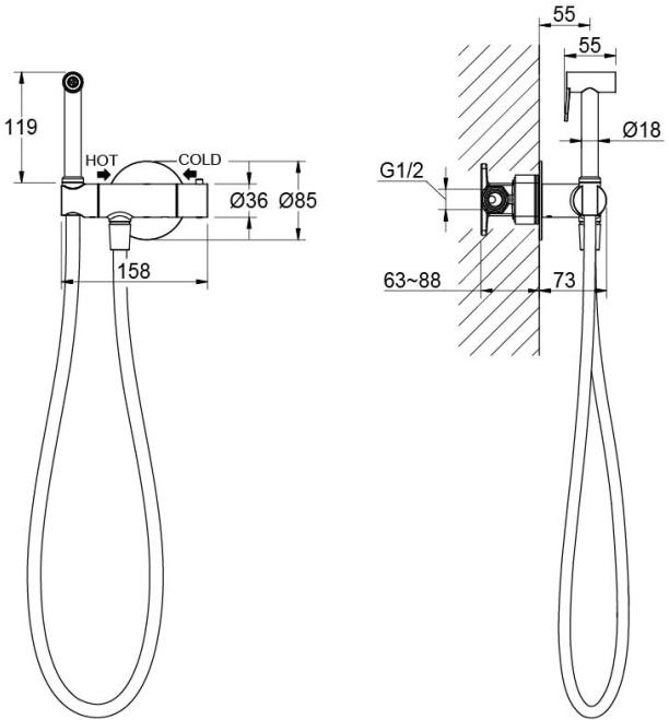 Комплект для гигиенического душа термостатический встроенный Aquanet Oberon смеситель, лейка, шланг, матовый черный AQ1027MB