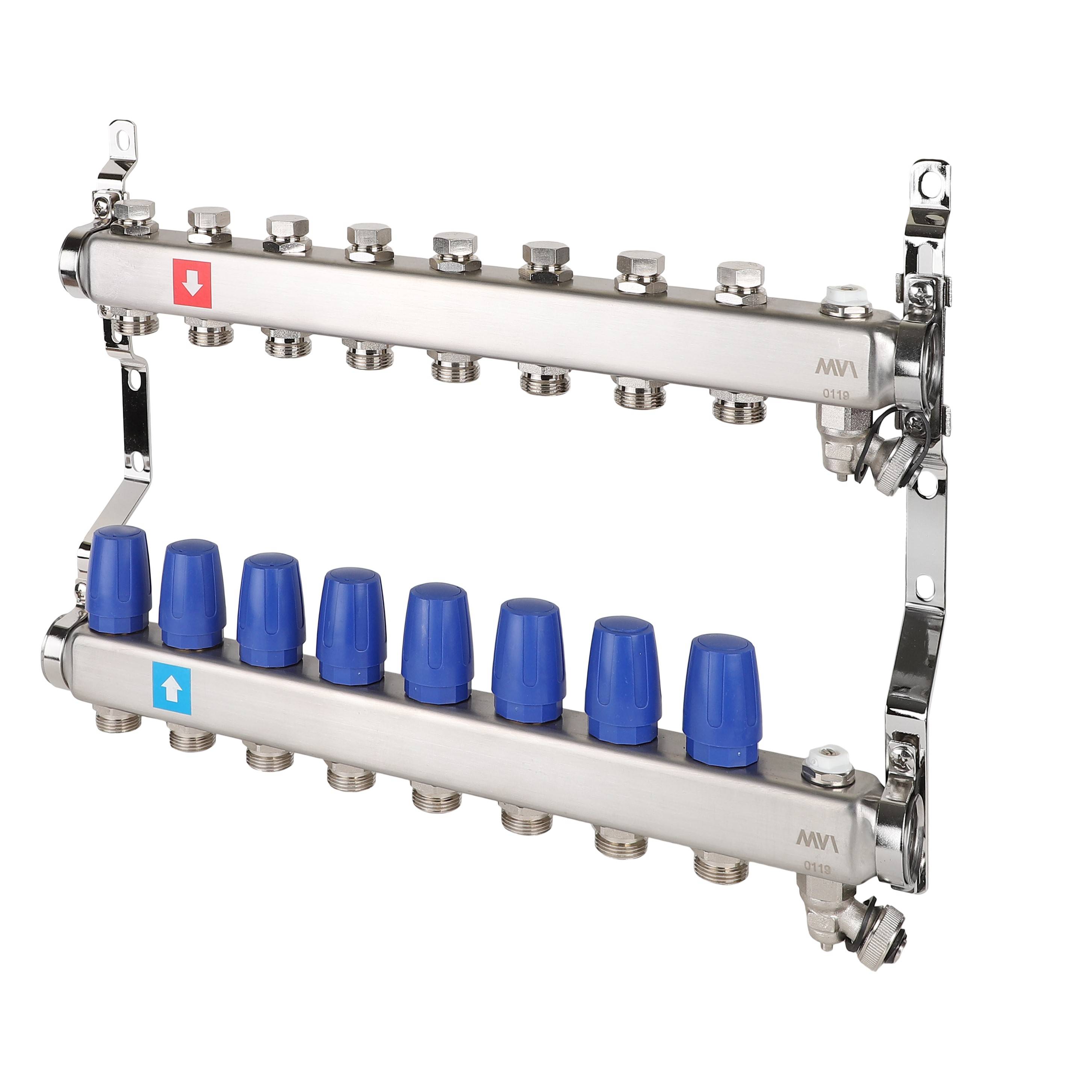 Коллектор AQUALINK без расходомеров с дренажным краном и краном Маевского 8 выходов AMS.608.06