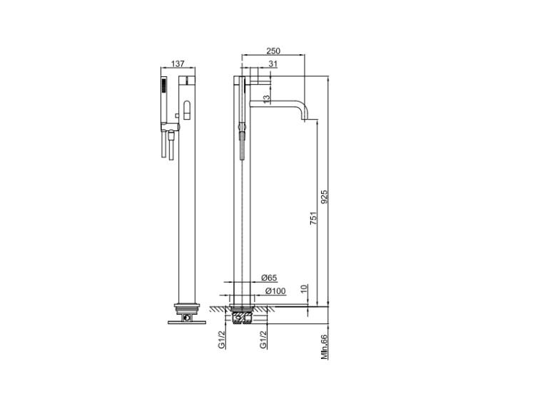 Смеситель для ванны и душа Fantini AF/21 Fukasawa напольный, Matt Copper PVD 27P9A580B