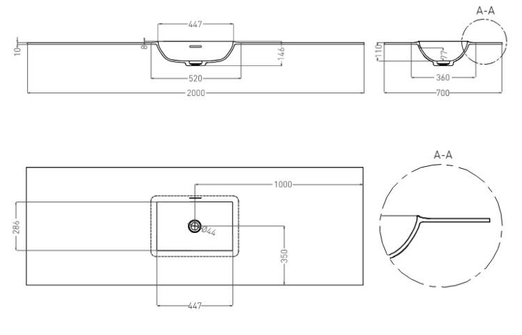Столешница Salini Onda Edge Square 1000x500x100 мм с интегрированной раковиной белый 14022061M