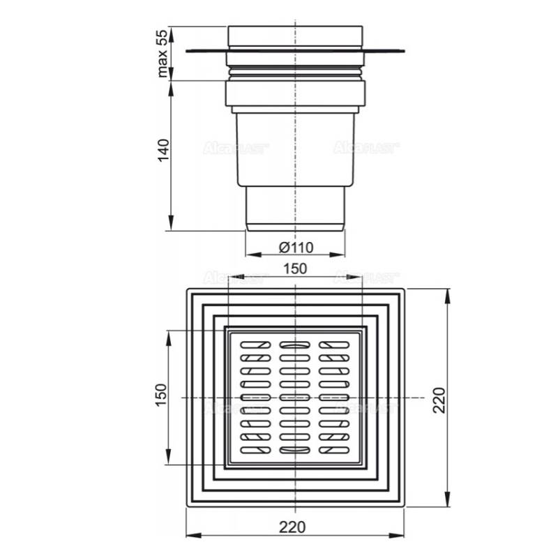 Трап для душа Alca 150х150 мм вертикальный выпуск 110 мм нержавеющая сталь APV13