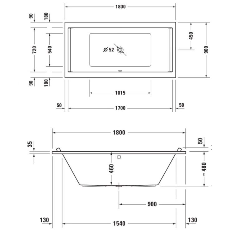 Ванна встраиваемая Duravit Starck 1800x900x480 мм с двумя наклонами для спины белая 700339000000000