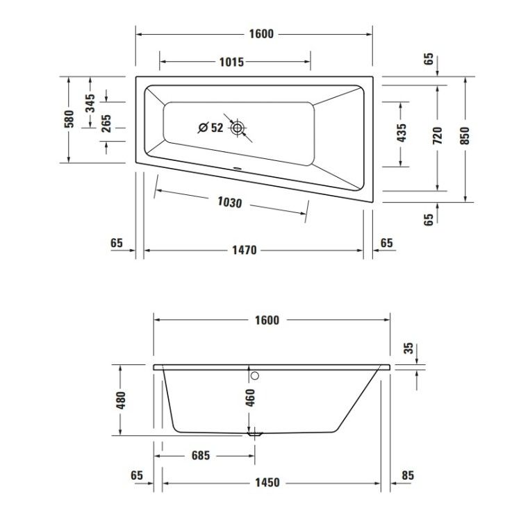 Ванна Duravit No.1 1600x850 мм встраиваемая трапециевидная наклон спинки справа 700507000000000