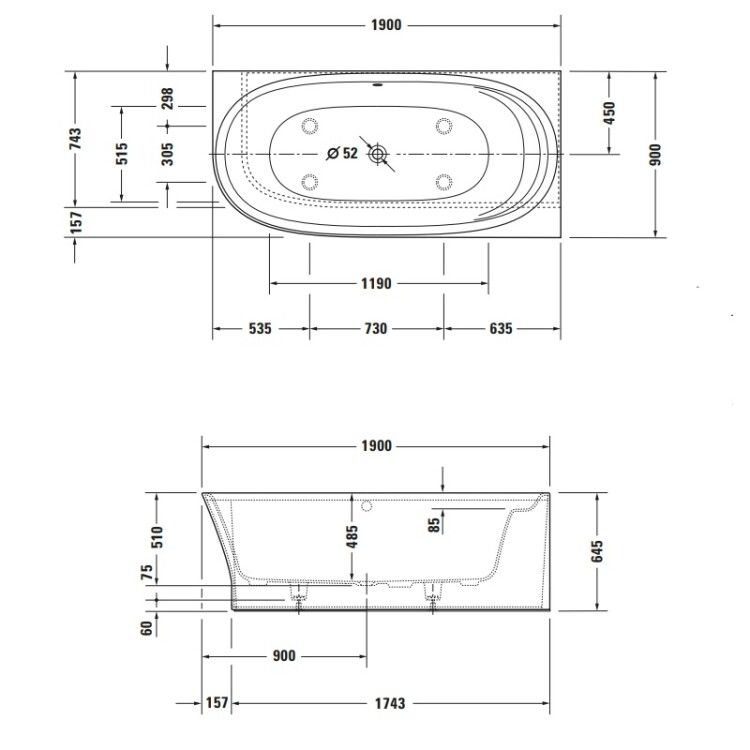 Ванна Duravit Cape Cod 1900x900x645 мм пристенная угловая правая цвет белый матовый 700363000000000