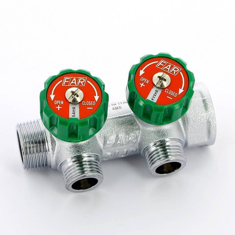 Коллектор проходной FAR 3/4 НВ 2 выхода 1/2 НР под плоское уплотнение 45 мм FK 3821 3412TP