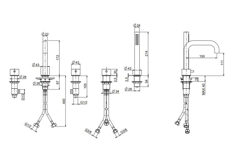 Смеситель для ванны Quadro Design Source на борт ванны 5 отверстий цвет золото розовое 1295OR
