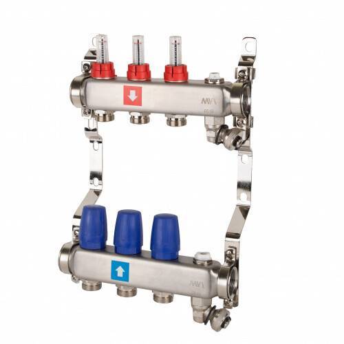 Коллекторная группа Hogert Premium 1 x 3/4 EK 3 выхода с расходомерами дренажным краном и воздухоотводчиком HOGMS70306