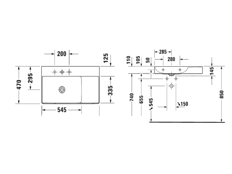Раковина Duravit DuraSquare 800x470 мм асимметричная с 1 отверстием для смесителя 2348800041