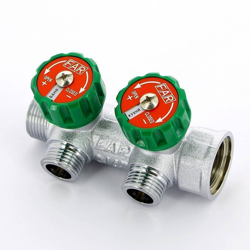 Коллектор проходной FAR 3/4 НВ 2 выхода 1/2 НР под плоское уплотнение 45 мм FK 3821 3412TP