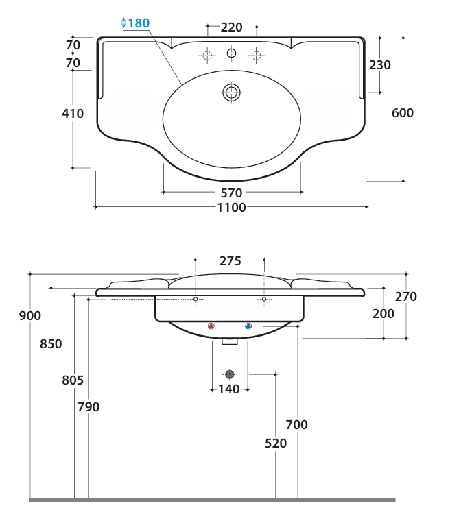 Раковина Globo Paestum 1100х600х270 мм 1 отверстие для смесителя PA022BI