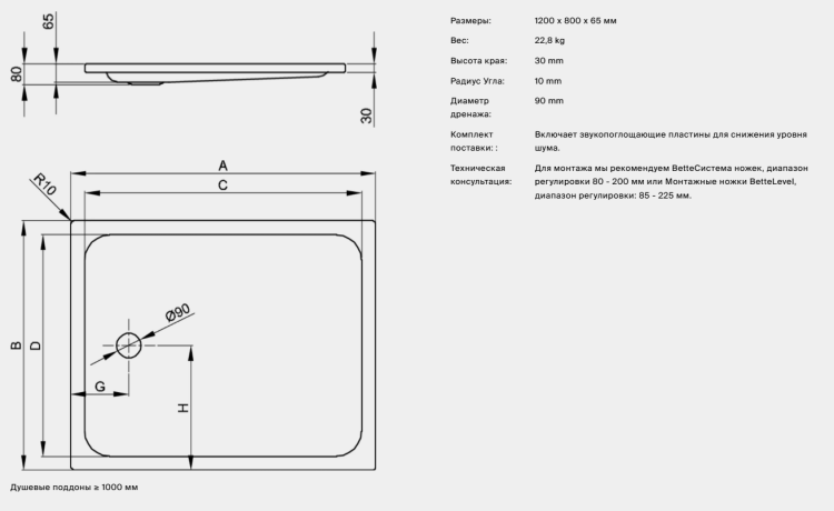 Душевой поддон Bette BetteSupra 900x800x65 мм белый 5870-000
