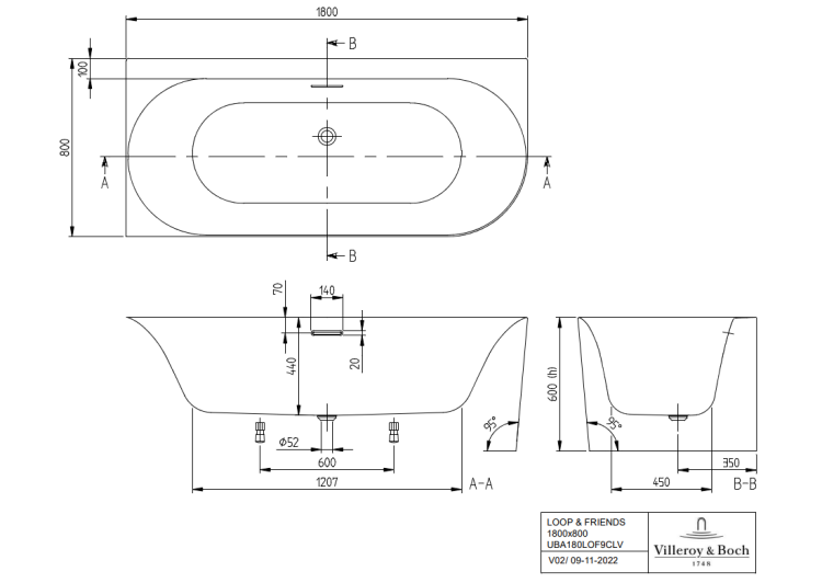 Ванна пристенная Villeroy & Boch Loop & Friends 1800x800 мм Stone White UBA180LOF9CL00VRW