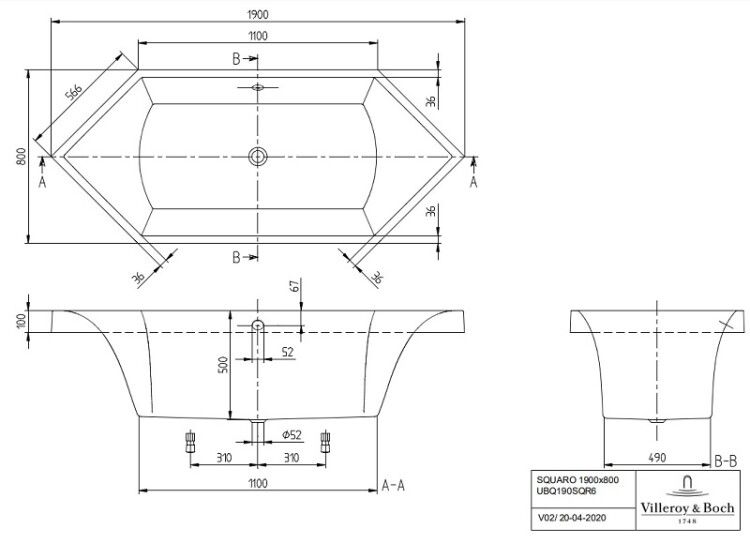 Ванна Villeroy & Boch Squaro 1900x800 мм UBQ190SQR6V01