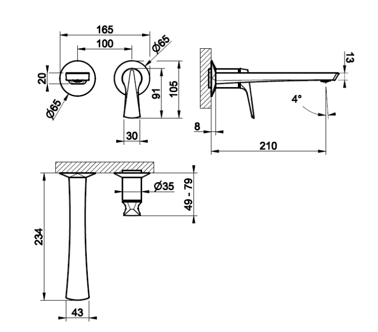Смеситель для раковины Gessi Ventaglio настенный встраиваемый хром 72088031