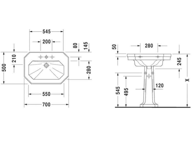 Раковина Duravit 1930 700x500 мм на пьедестал 0438700000