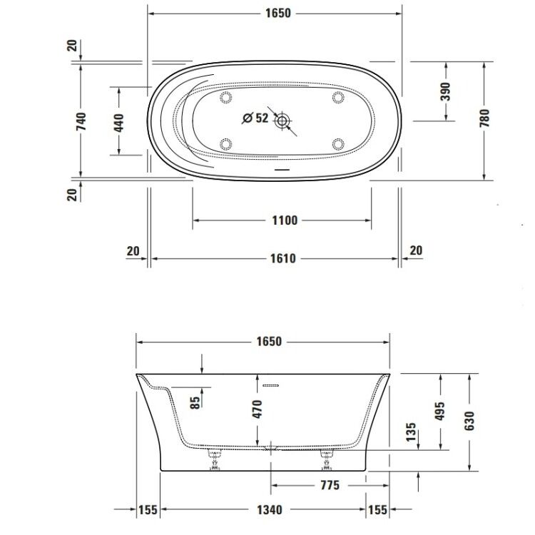 Ванна Duravit Cape Cod 1650x780x630 мм отдельностоящая с двумя наклонами для спины цвет белый матовый 700459000000000