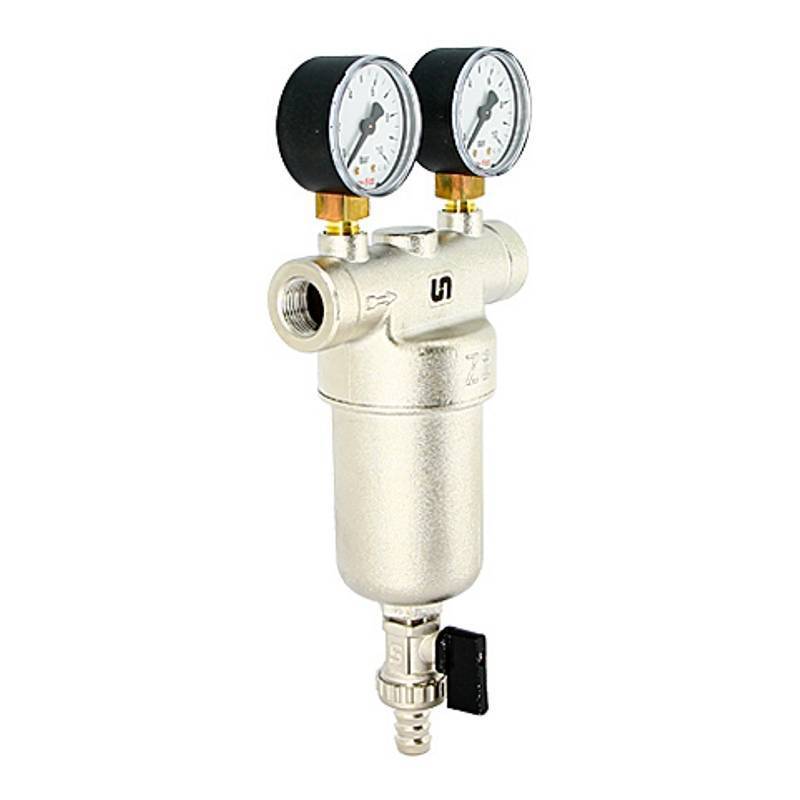 Фильтр промывной Uni-Fitt ВВ 1 1/4 со сливным краном и 2 манометрами 300 мкм никелированный 216N5030