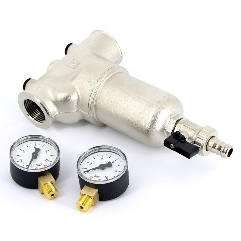 Фильтр промывной Uni-Fitt ВВ 1 1/4 со сливным краном и 2 манометрами 300 мкм никелированный 216N5030