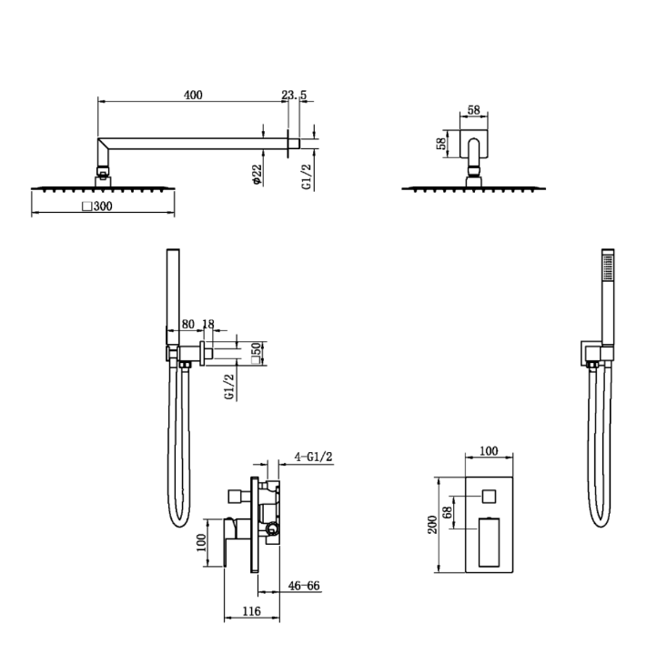 Душевой комплект встраиваемый Boheme Qubic со смесителем и верхним душем gun metal 474-3-GM
