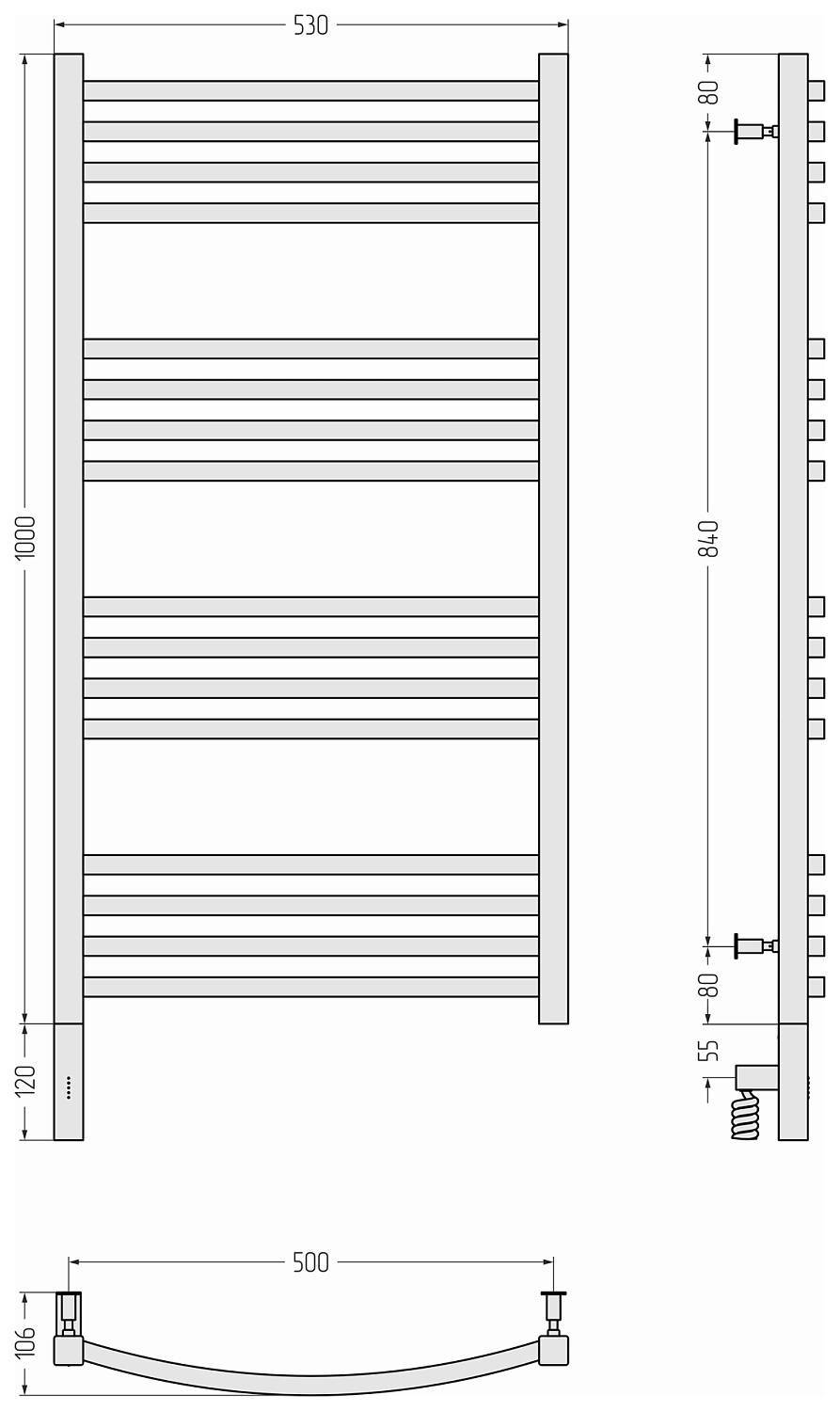 Полотенцесушитель электрический Сунержа Аркус 3.0 530x1120 мм левое подключение темный титан муар 15-5704-1050