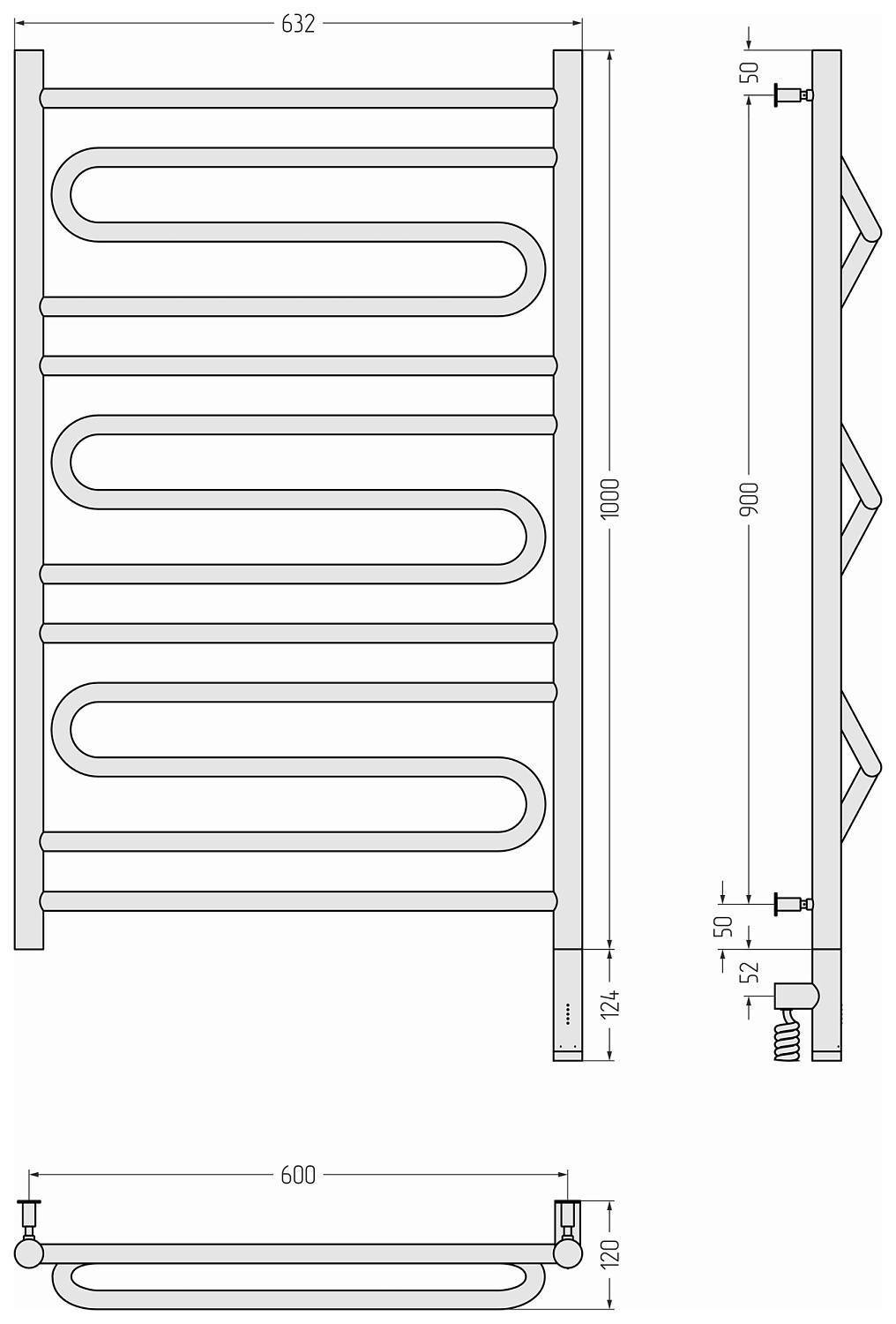 Полотенцесушитель электрический Сунержа Элегия 3.0 632x1124 мм правый матовый черный 31-5819-1060
