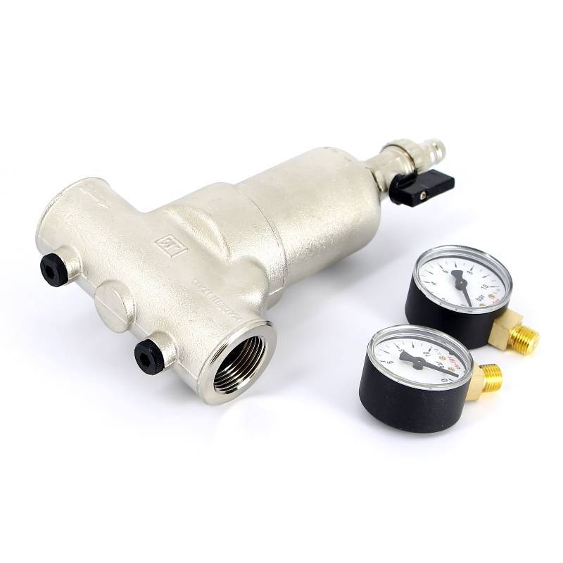 Фильтр промывной Uni-Fitt ВВ 1 1/4 со сливным краном и 2 манометрами 300 мкм никелированный 216N5030