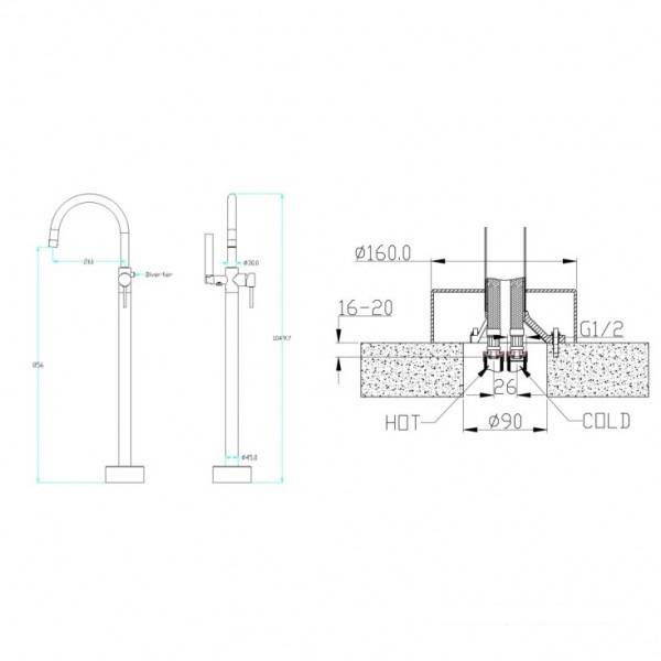 Смеситель для ванны Boheme Uno напольный с душем белый / золото 469-WG