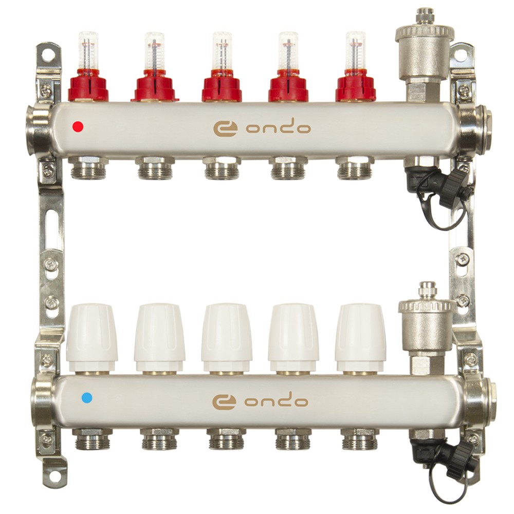 Группа коллекторная ONDO 5 выходов из нержавеющей стали с расходомерами и воздухоотводчиками ON.03.05
