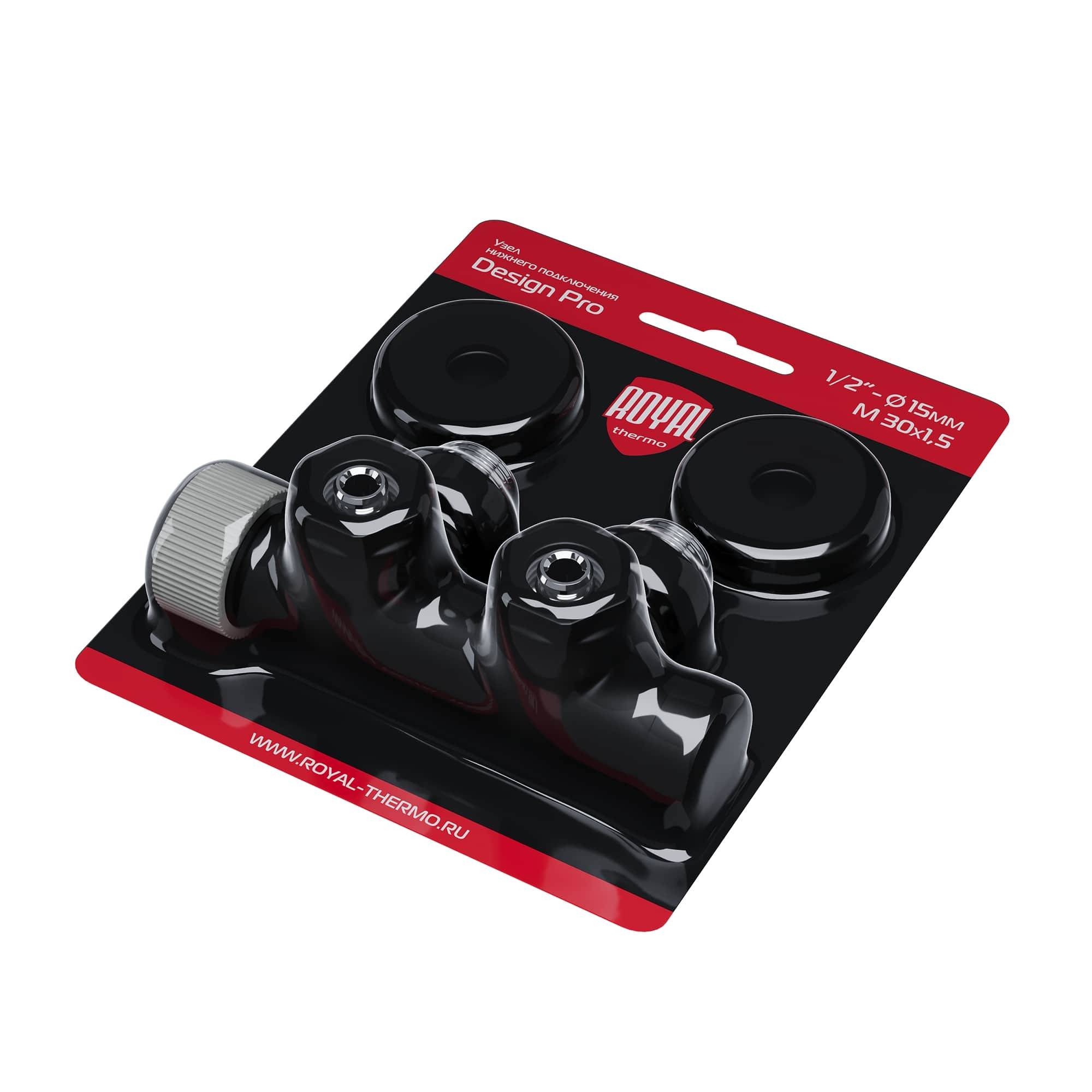 Узел нижнего подключения термостатический угловой Royal Thermo Design Pro 15 мм M30x1.5 Черный RTE 50.033