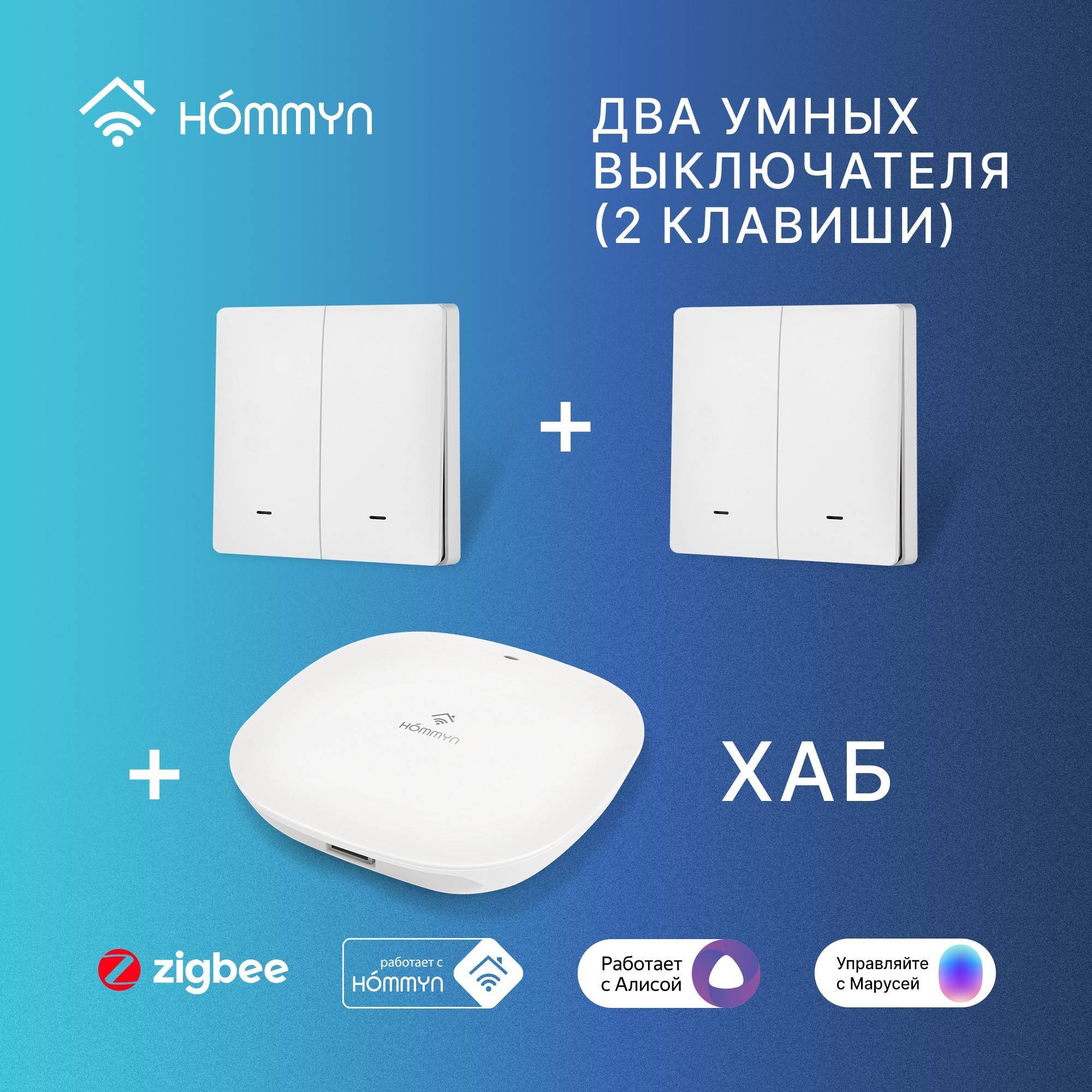 Комплект умного дома HOMMYN: 2 двухклавишных выключателя и хаб Zigbee SW22HOMKIT05