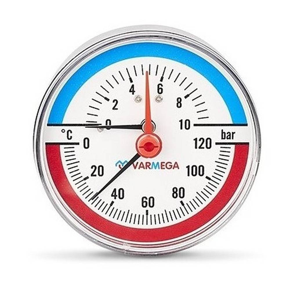 Термоманометр аксиальный Varmega 80 мм 10 бар 1/2 с отсекающим клапаном VMMT06-801004
